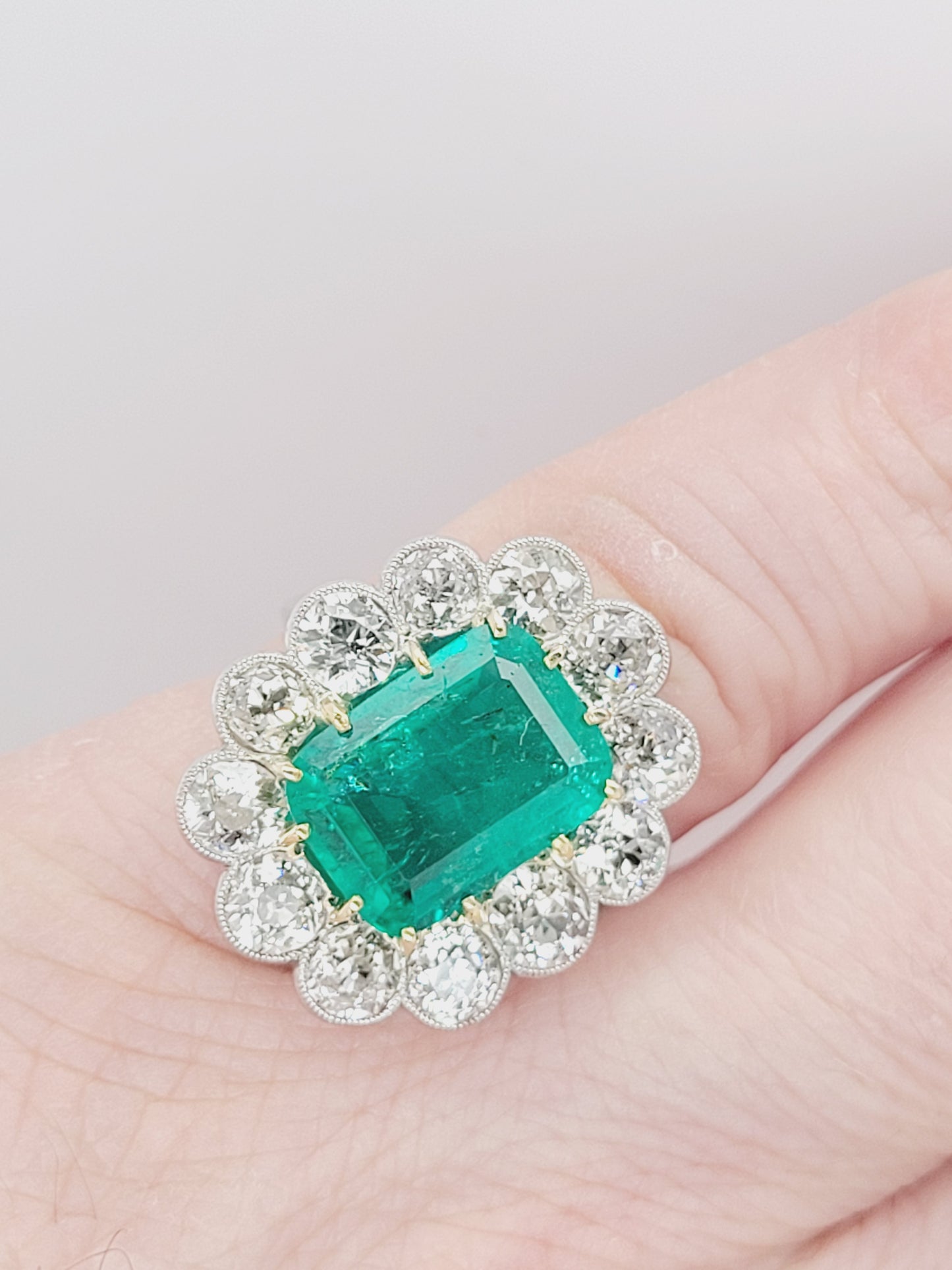 Important Columbian emerald and diamond cluster ring sku 8740