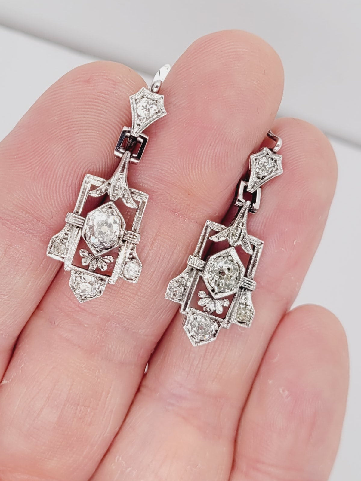 Art deco old mine cut diamond drop earrings sku 9000