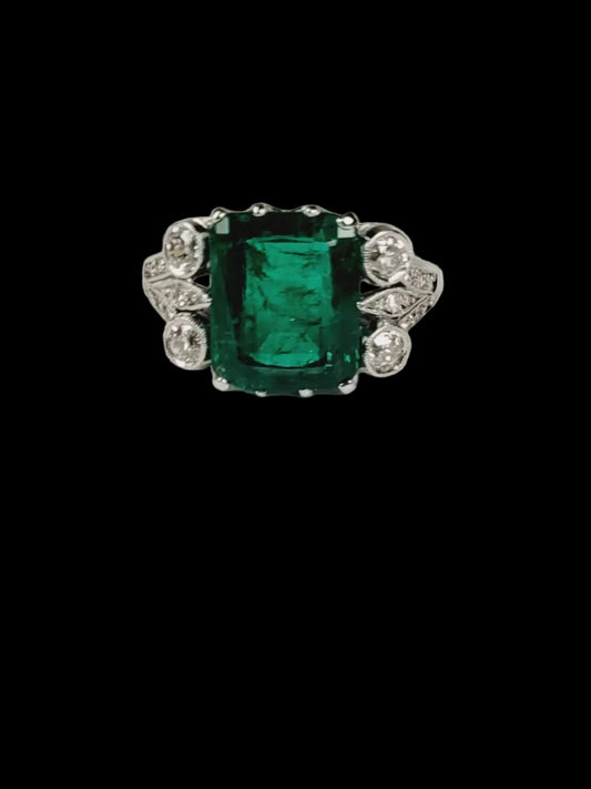 Fine Columbian emerald and diamond art deco ring sku 8838