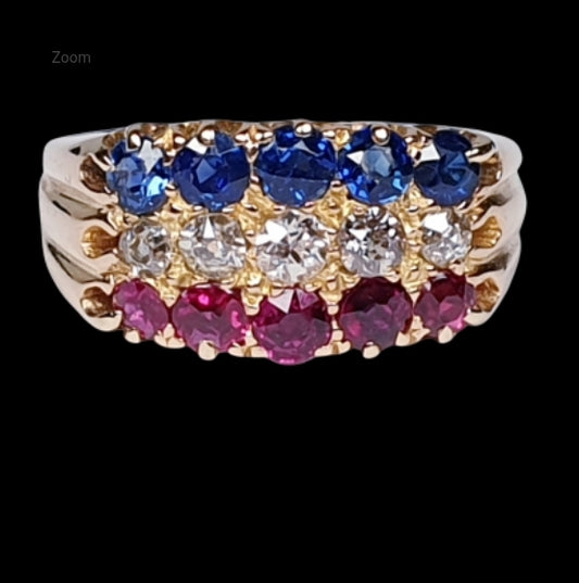 Antique three row sapphire diamond and ruby ring
SKU: 4628