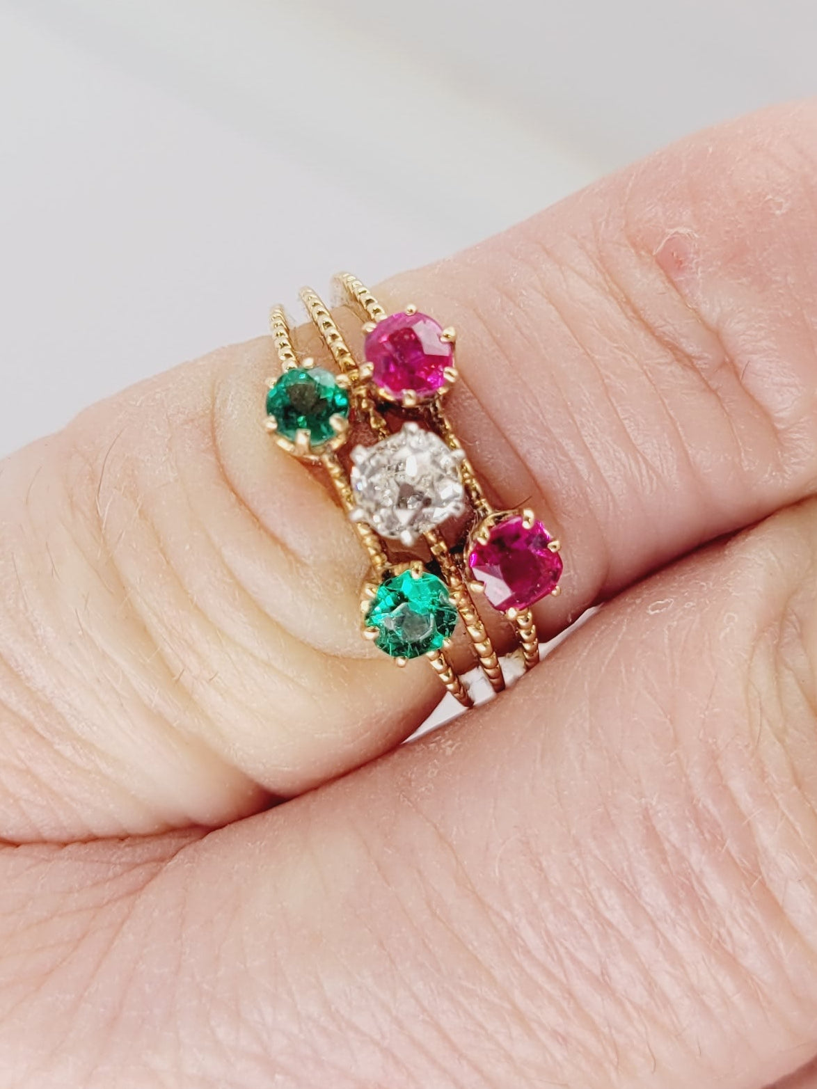 Antique diamond, emerald and ruby dress ring sku 9012