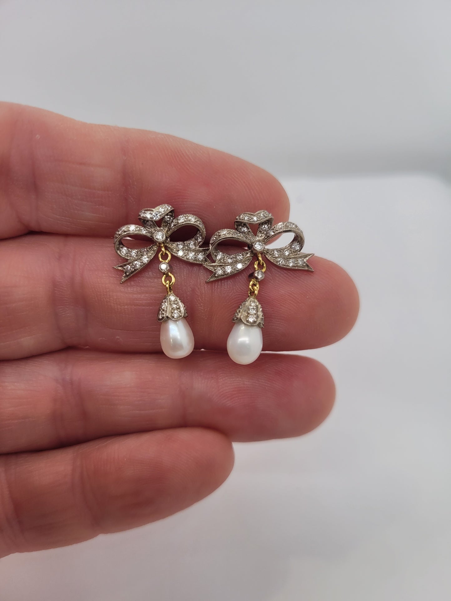 Diamond bow and pearl drop earrings sku 9205