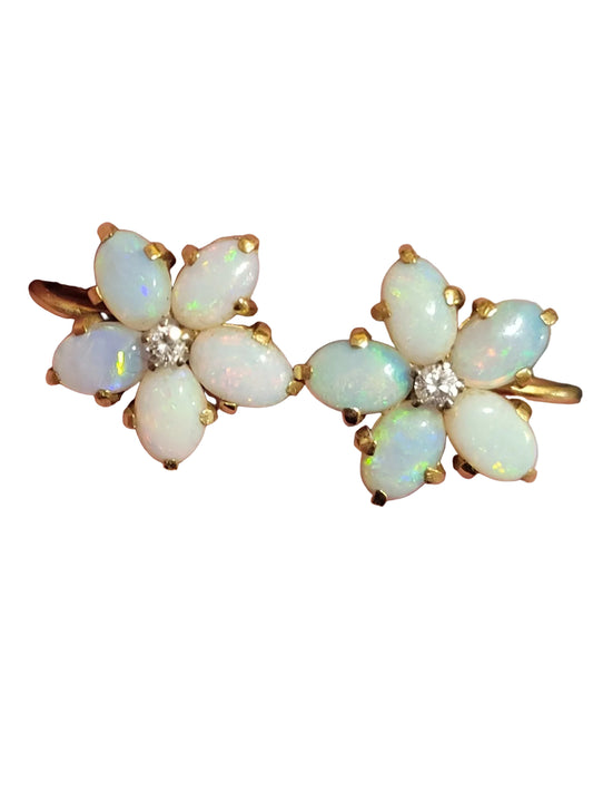 Antique opal and diamond flower cluster earrings sku 9112