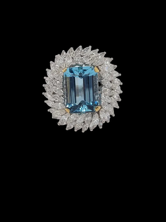 Vintage 1960's aquamarine and marquise diamond dress ring sku 8757