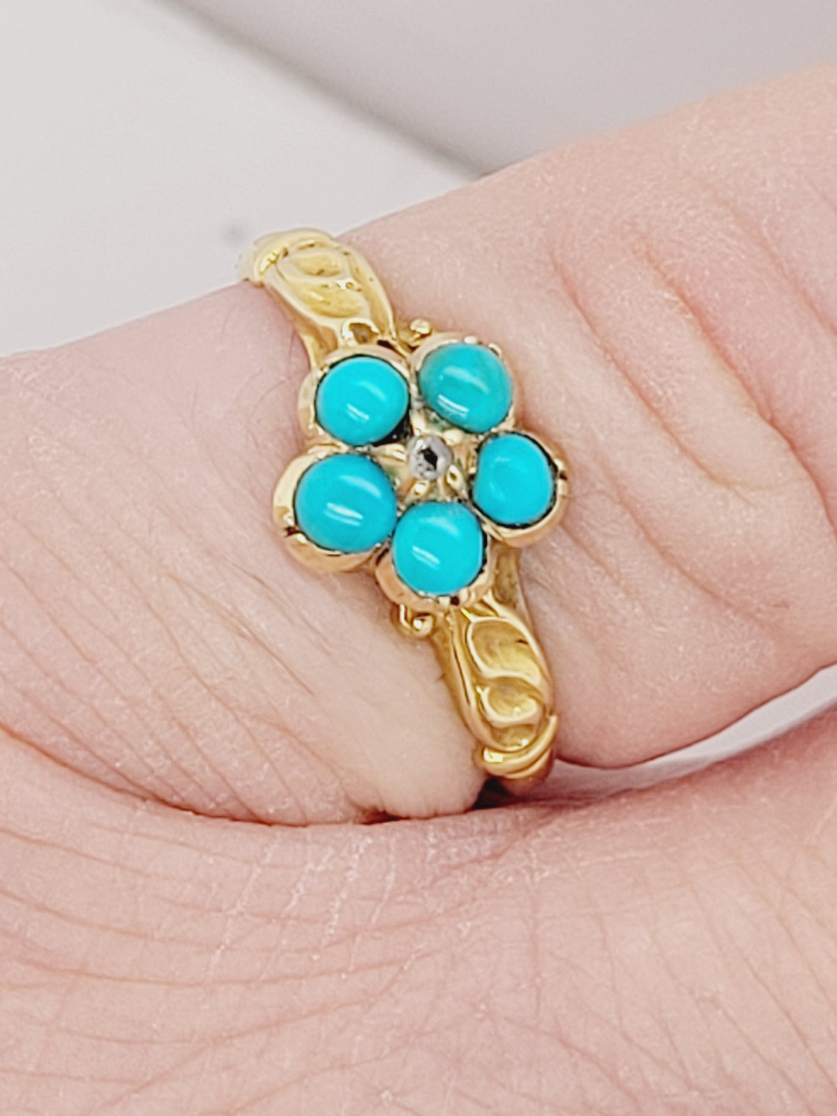 Antique turquoise and diamond  forget me not ring sku 9167