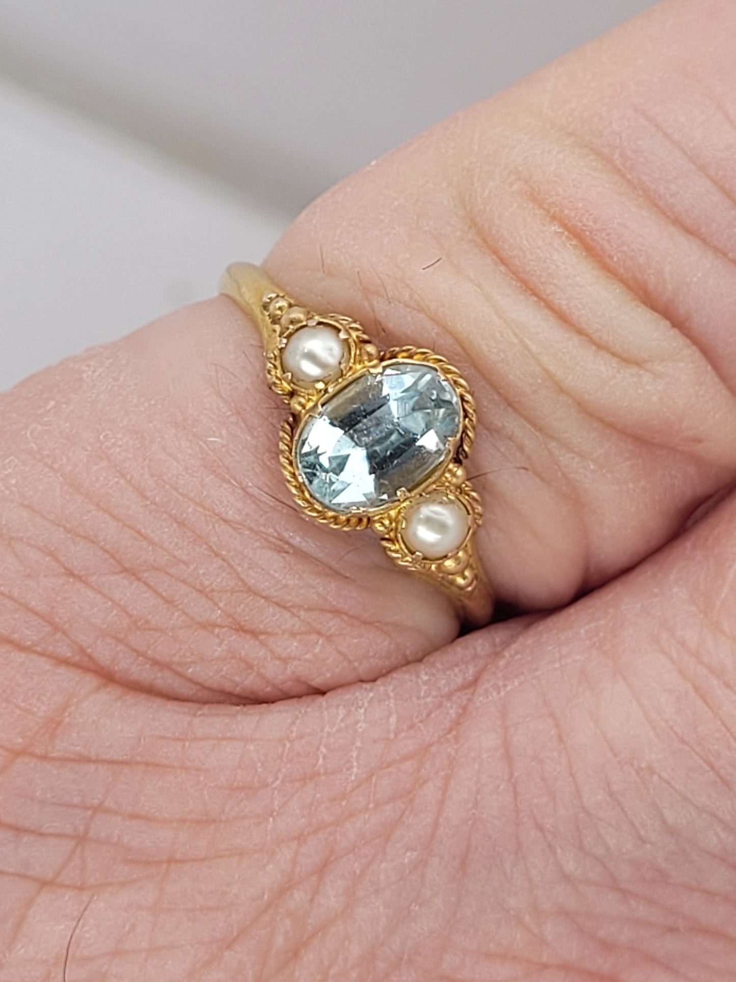Antique aquamarine and natural pearl ring sku 9168