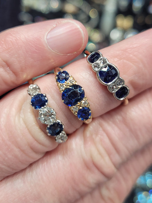 Antique sapphire and diamond carved half hoop ring sku 8788