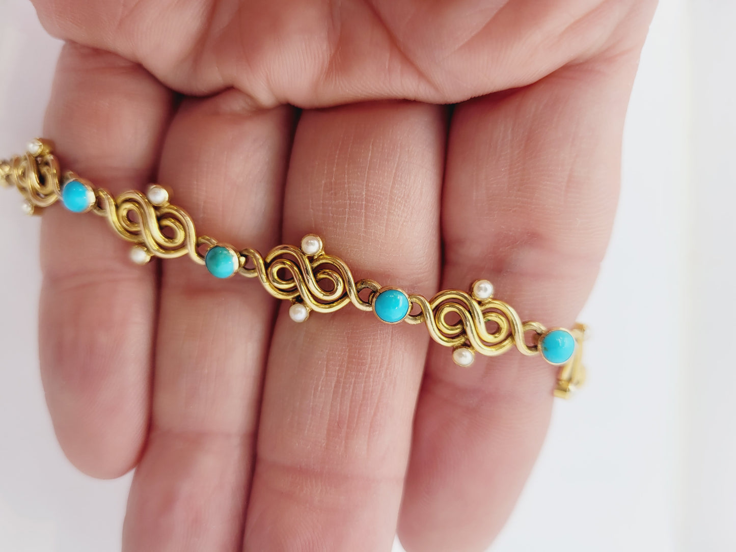 Antique turquoise and natural pearl 15ct gold bracelet sku 8695