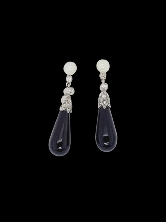 Art deco onyx, diamond and pearl drop earrings sku 8818