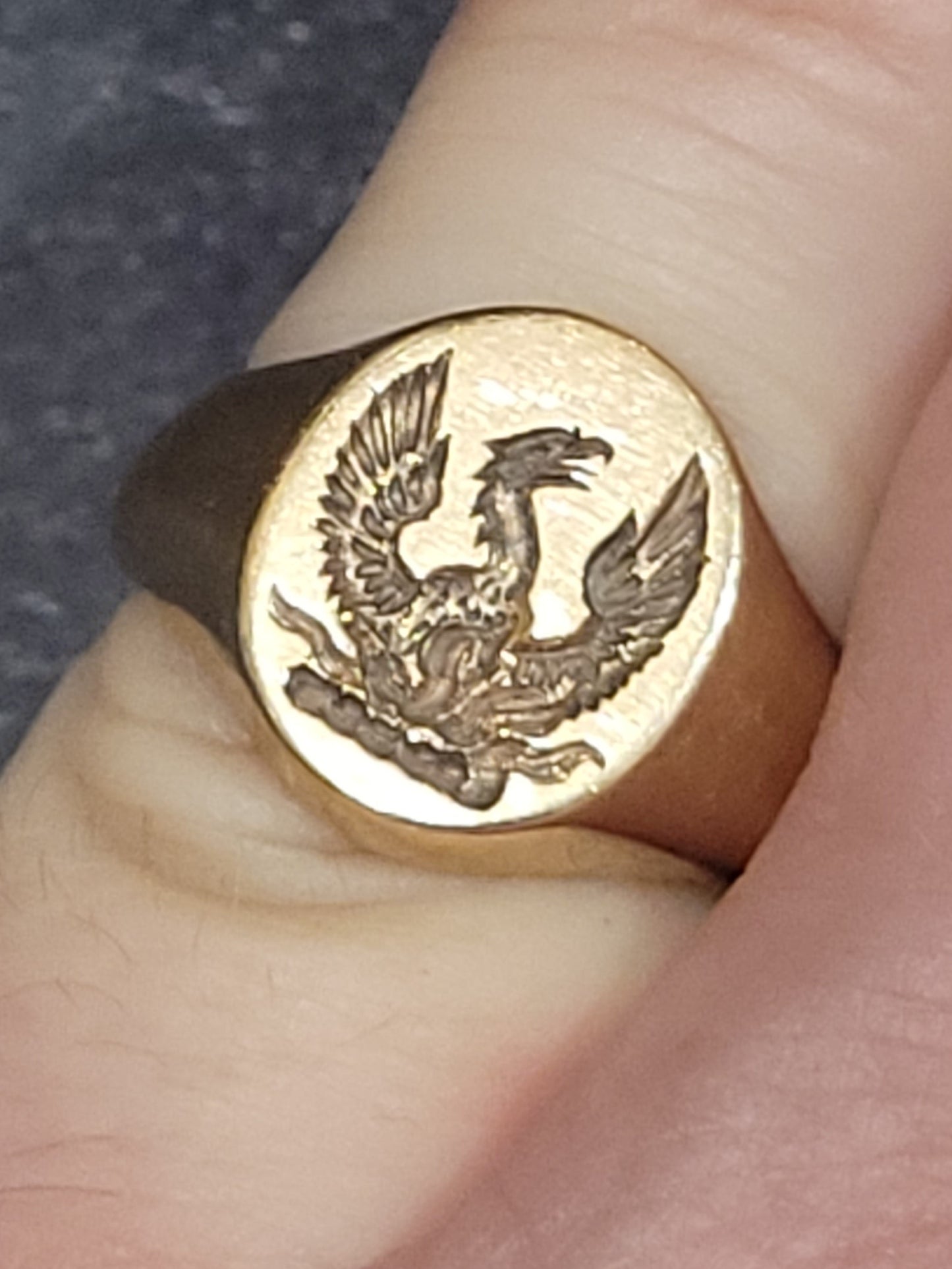 Phoenix seal engraved 9ct gold signet ring sku 9104