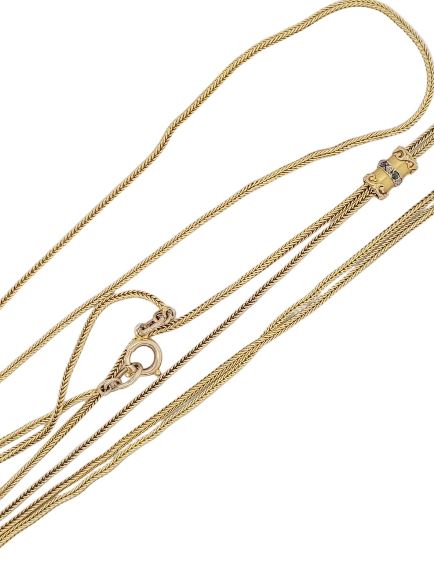 Antique long woven 18ct yellow gold chain with diamond and emerald slider
SKU: 8476