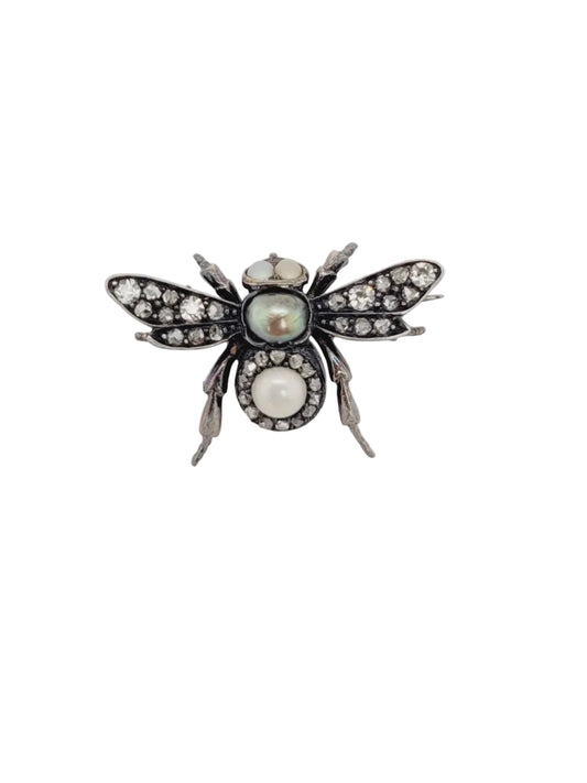 Cute natural pearl and old cut diamond Bee brooch sku 9068