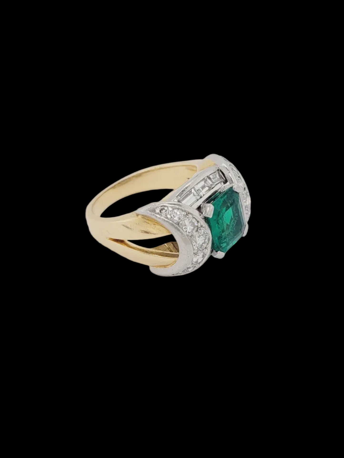 Art deco Columbian emerald and diamond tank ring sku 8742