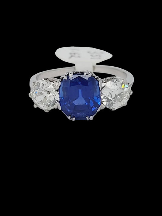 3.57ct Natural Burmese sapphire and diamond trilogy engagement ring sku 8738