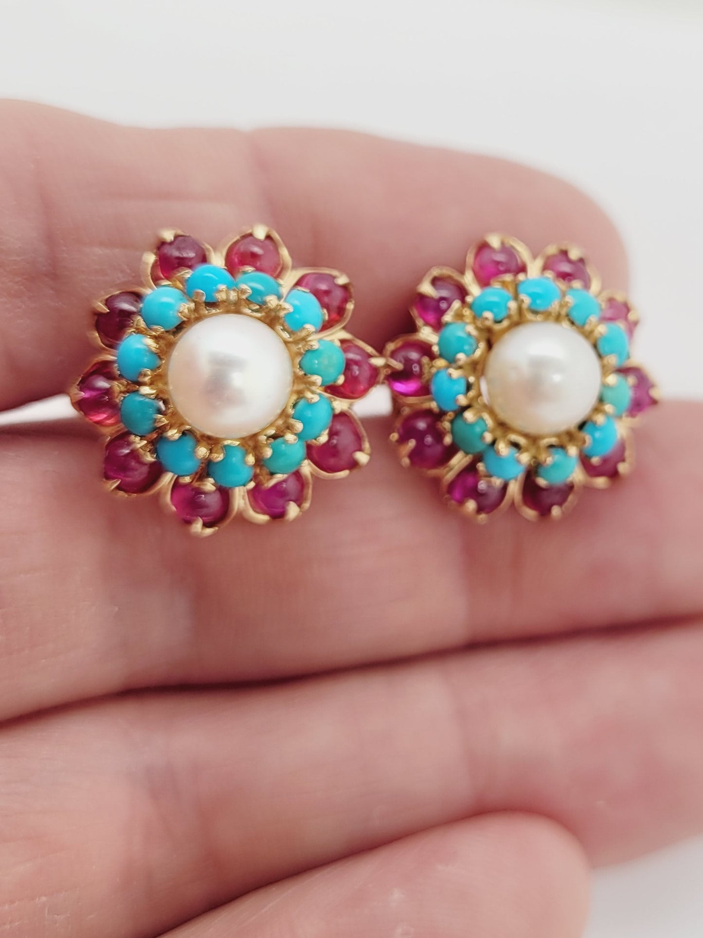 Vintage Turquoise, ruby and pearl earrings sku 9014