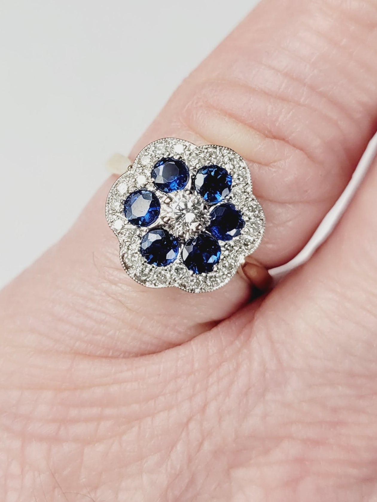 Sapphire and diamond flower cluster ring sku 8777