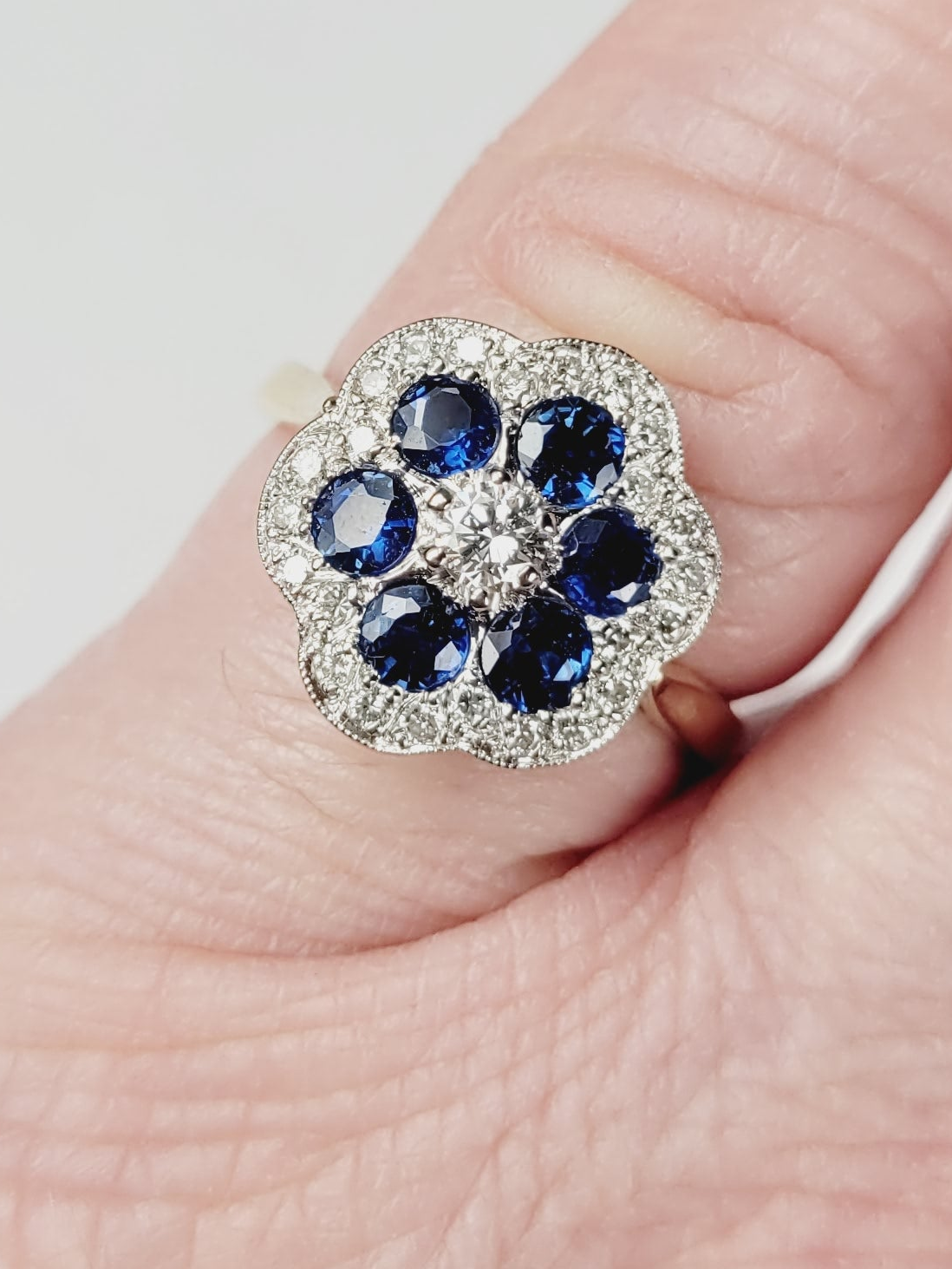 Sapphire and diamond flower cluster ring sku 8777