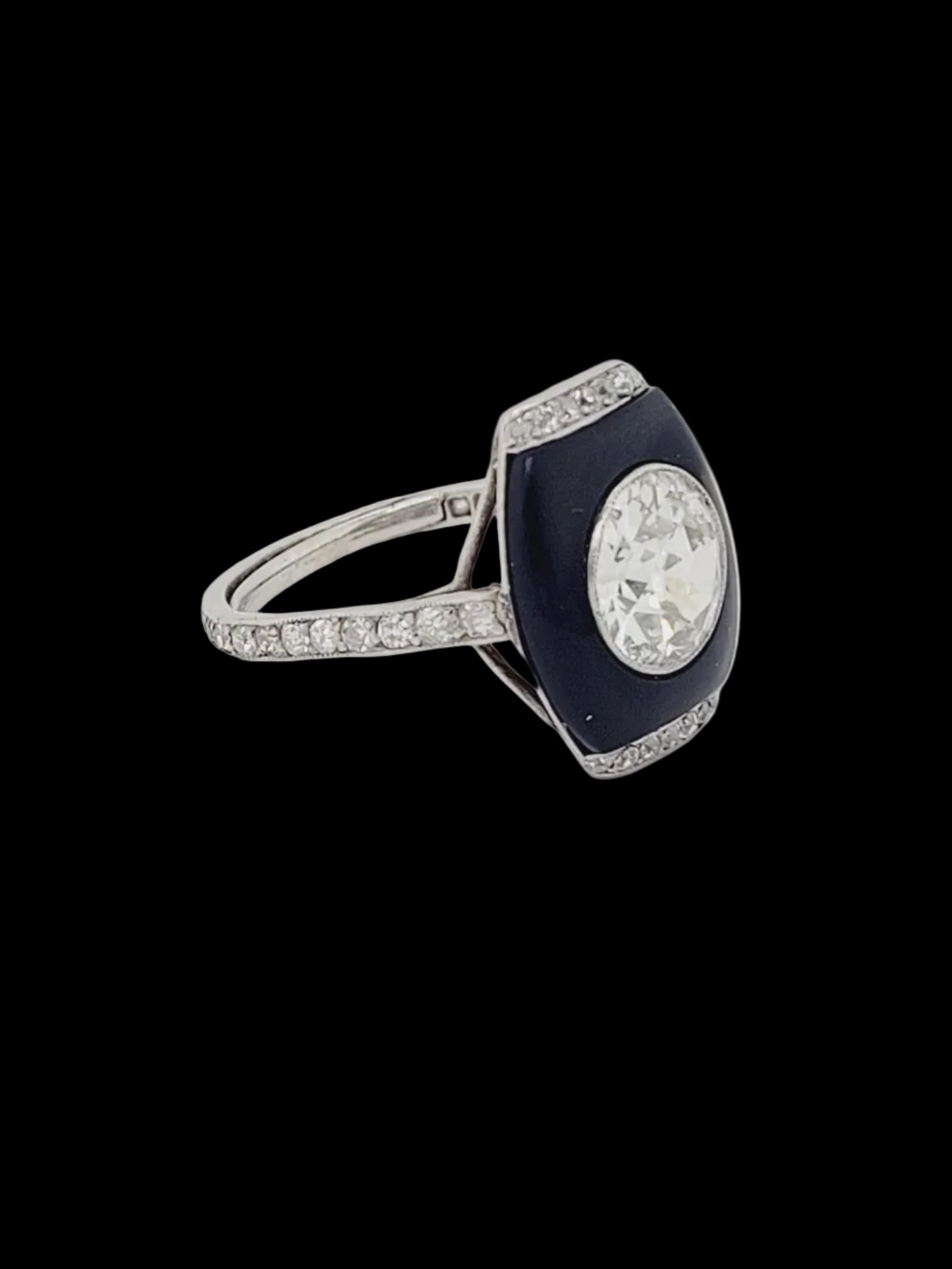 Art deco onyx and 1.90ct transitional cut diamond ring sku 8796