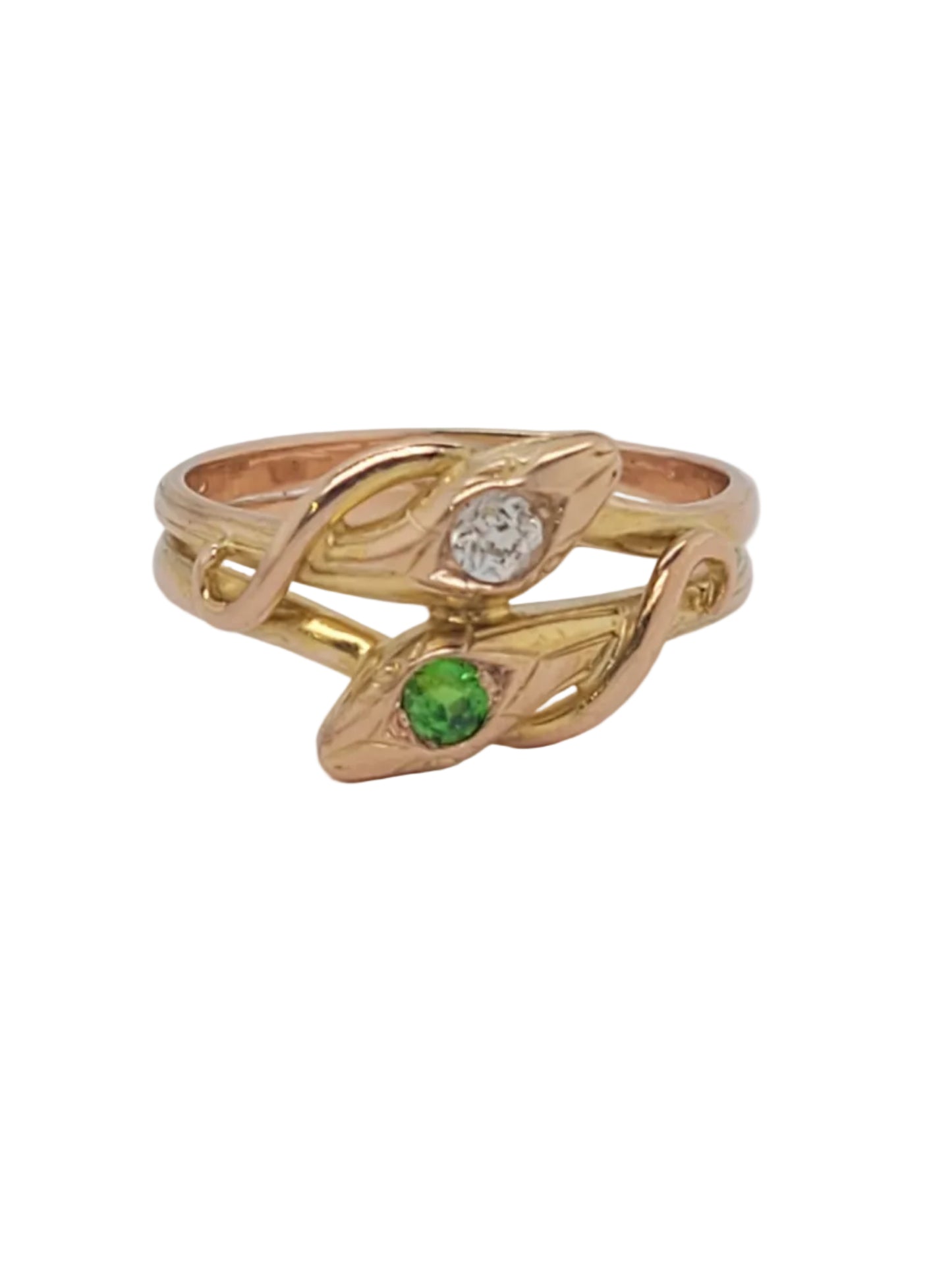Antique Demantoid garnet and diamond double snake ring sku 9176