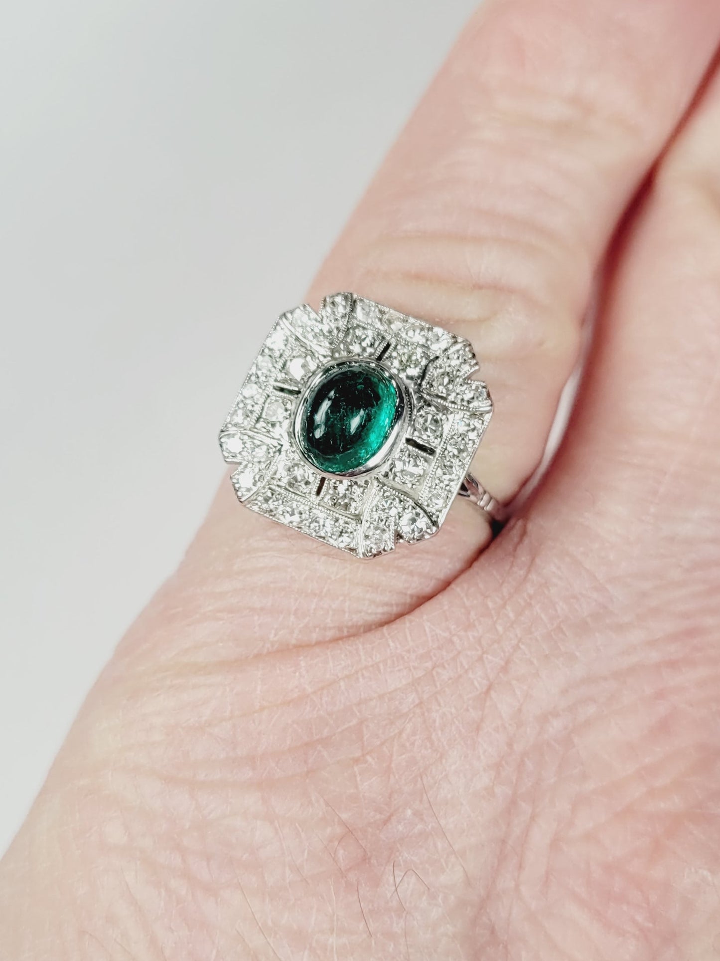 Art deco cabochon emerald and diamond cluster ring SKU 8723