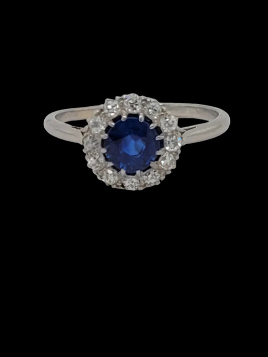 Antique sapphire and diamond cluster engagement ring sku 8808