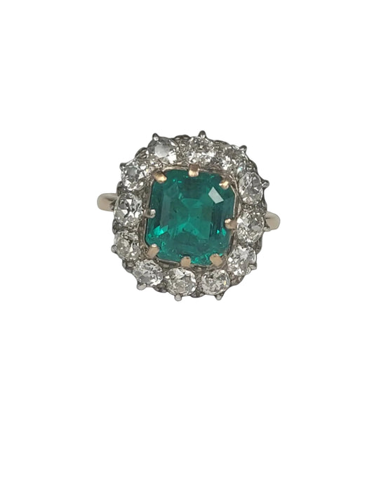Fine Antique Emerald and diamond cluster ring sku 9138