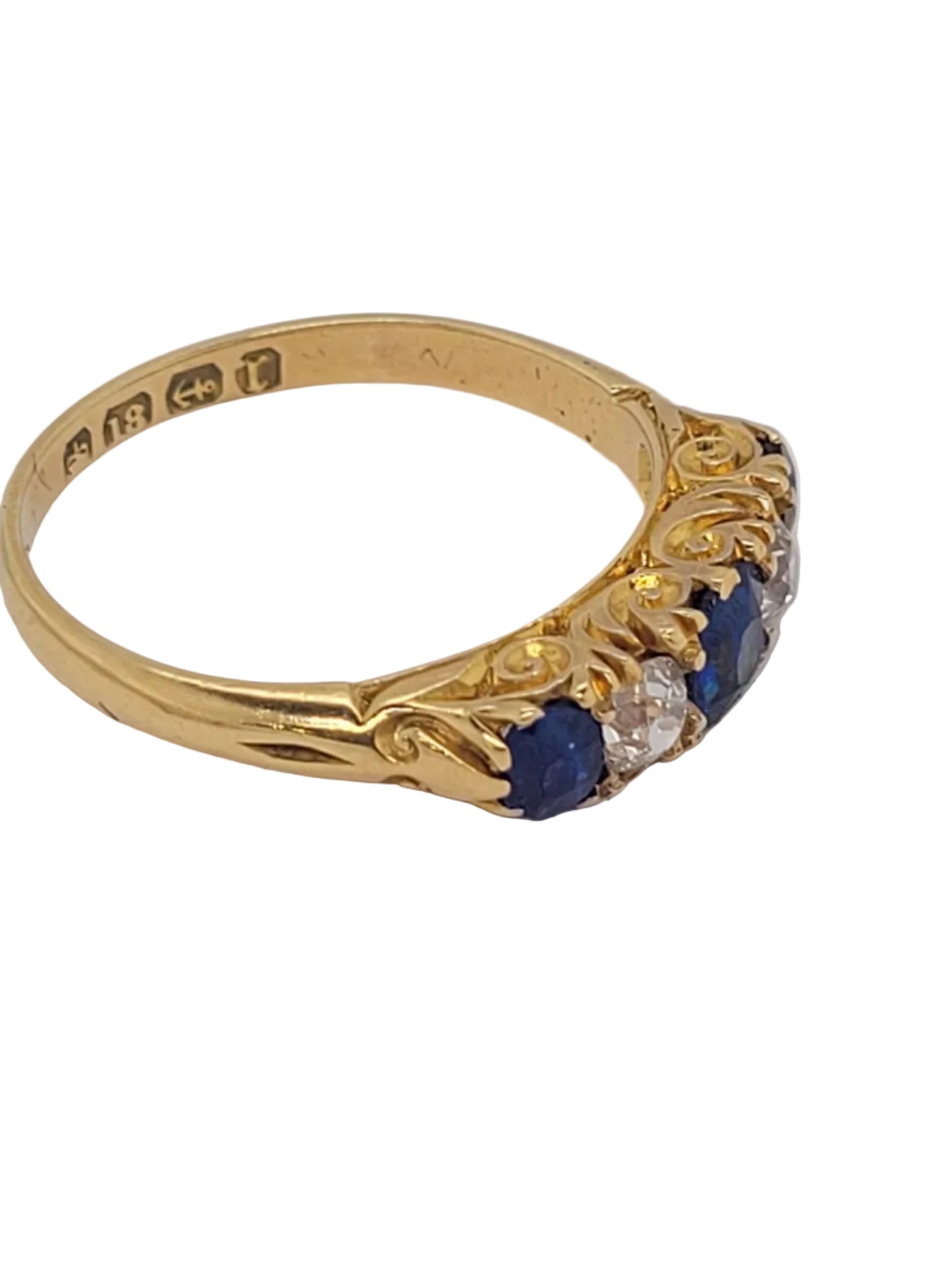 Antique sapphire and diamond five stone carved half hoop engagement ring sku 9173