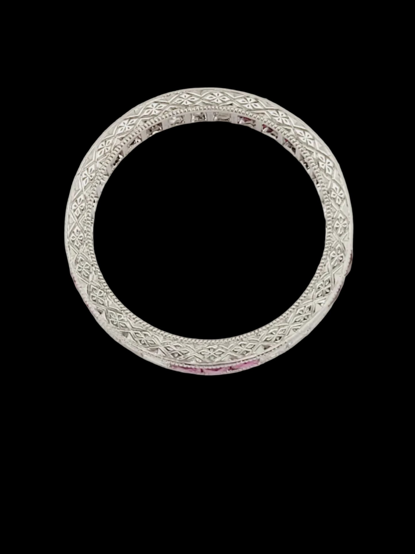Ruby and diamond engraved platinum eternity band sku 8791