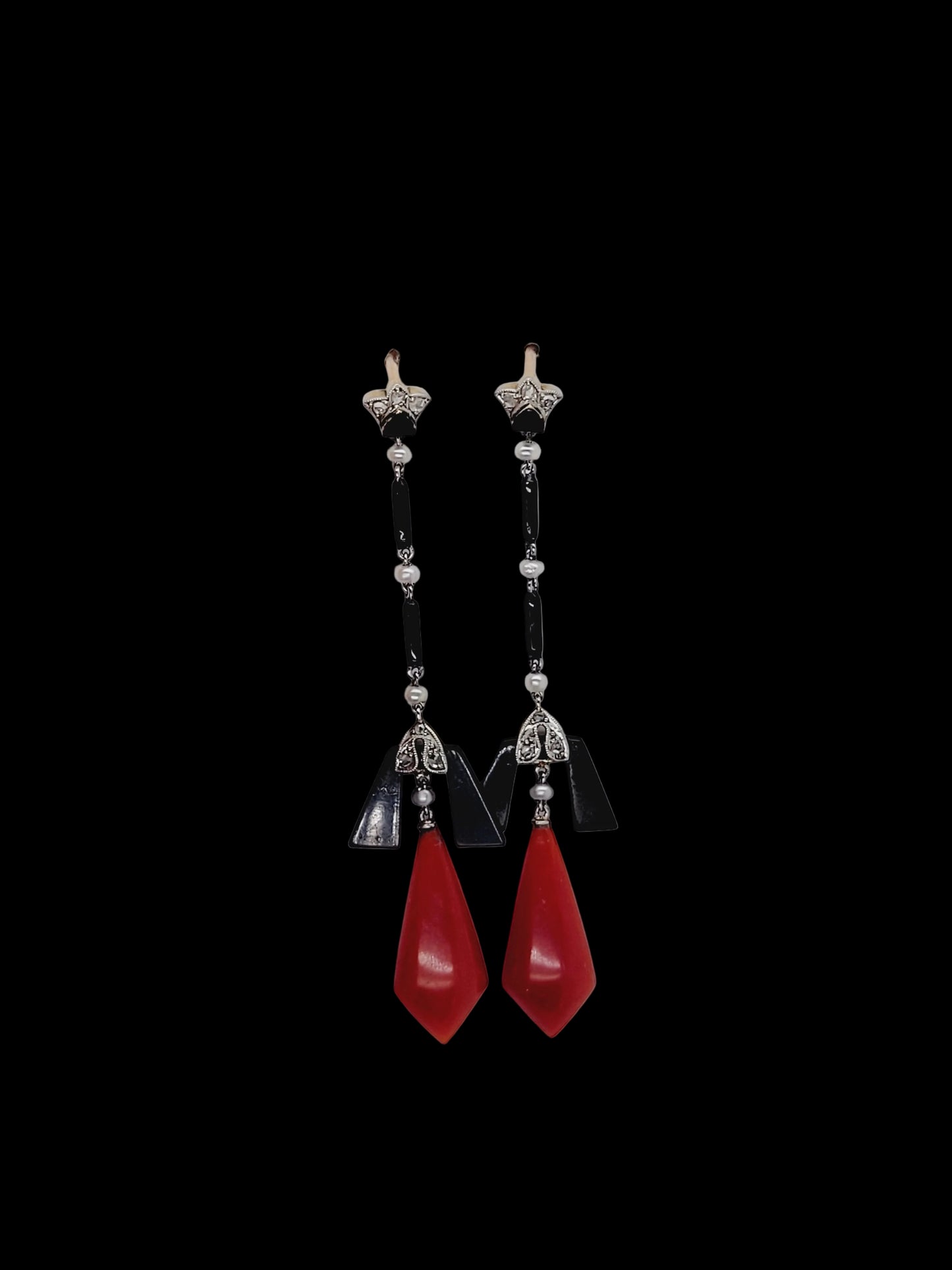 Fine iconic art deco onyx, coral and diamond drop earrings sku 8817