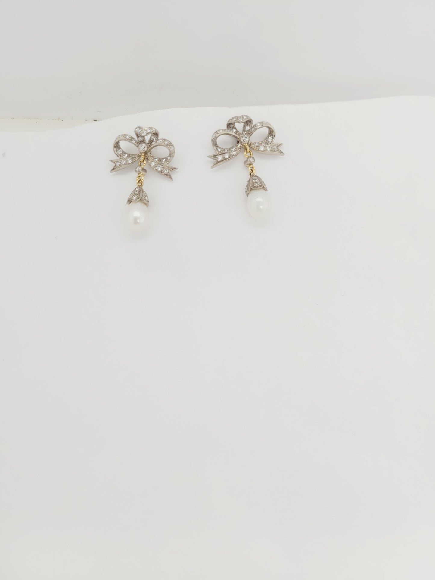 Diamond bow and pearl drop earrings sku 9205