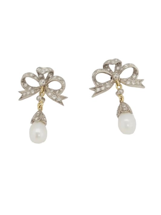 Diamond bow and pearl drop earrings sku 9205