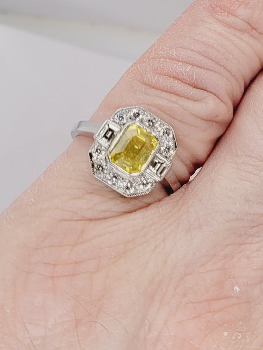 Intense yellow sapphire and diamond cluster ring sku 8762
