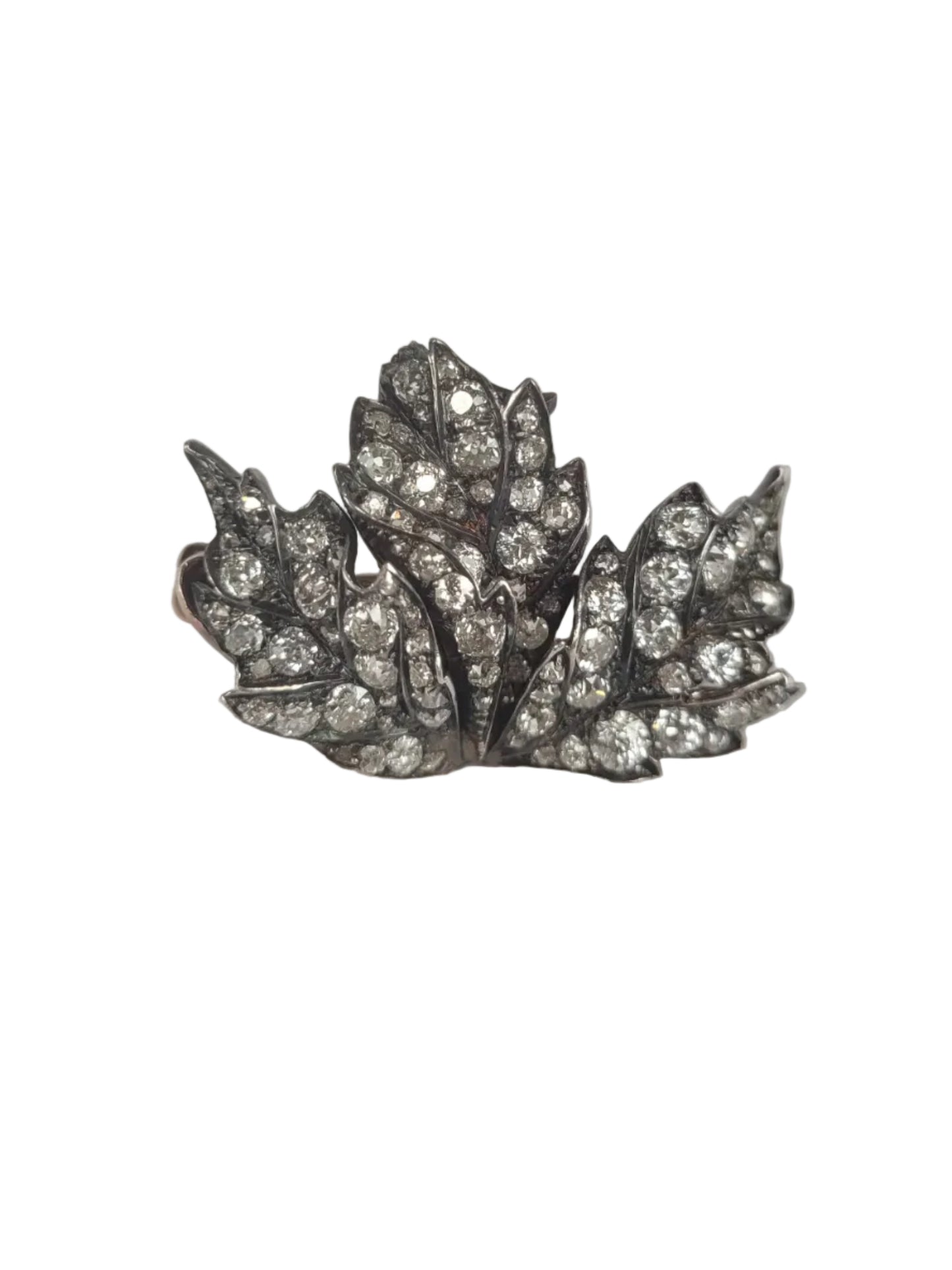 Antique old mine cut diamond three leaf brooch sku 9143
