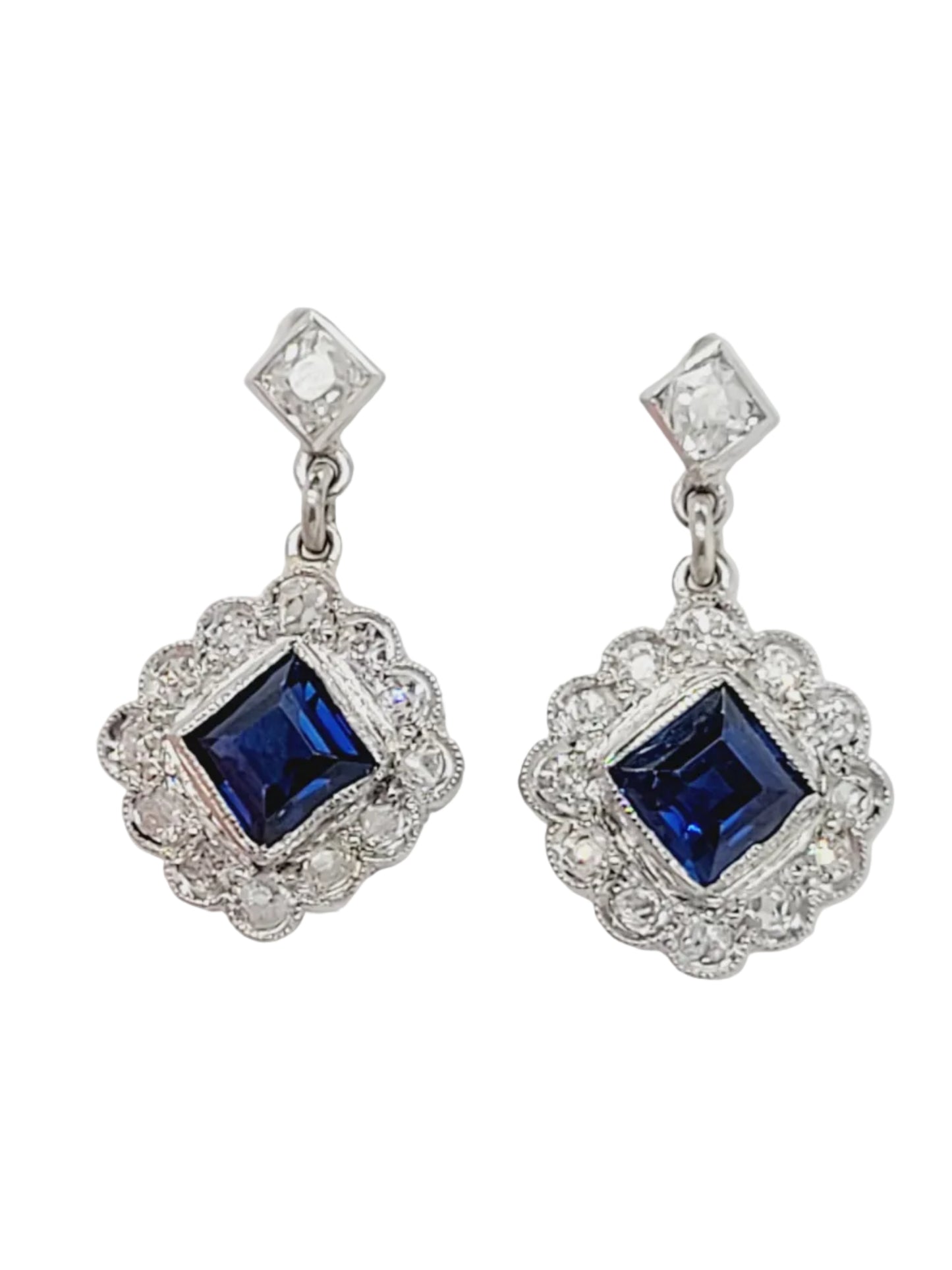 Cute art deco sapphire and diamond drop earrings sku 9195