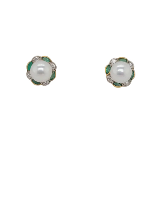 Pearl, emerald and diamond earrings sku 9163