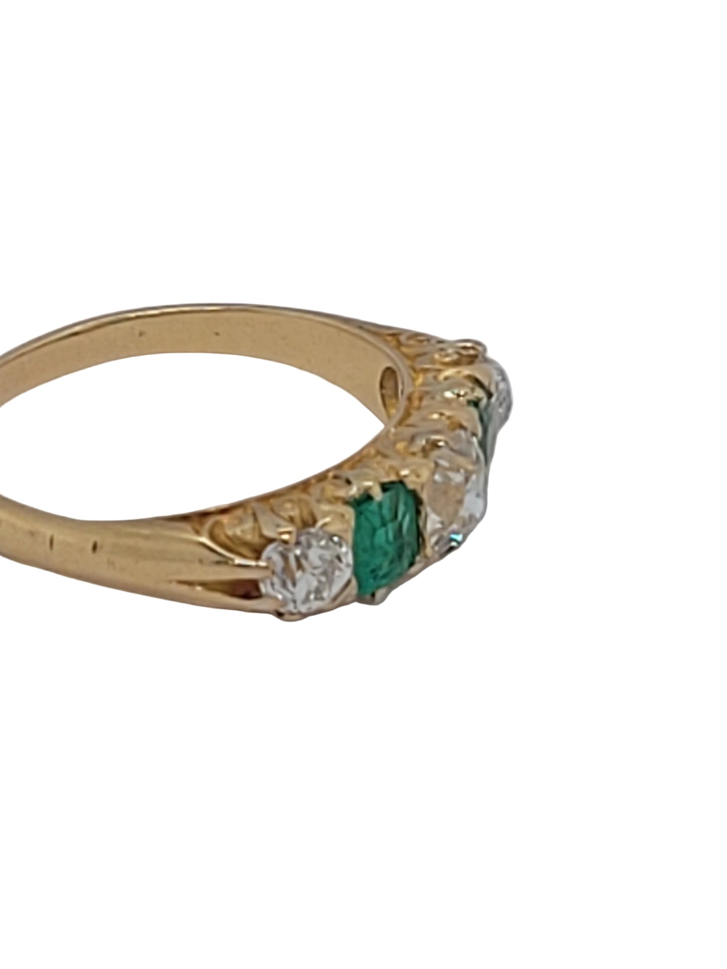 Antique emerald and diamond five stone carved half hoop ring sku 9193
