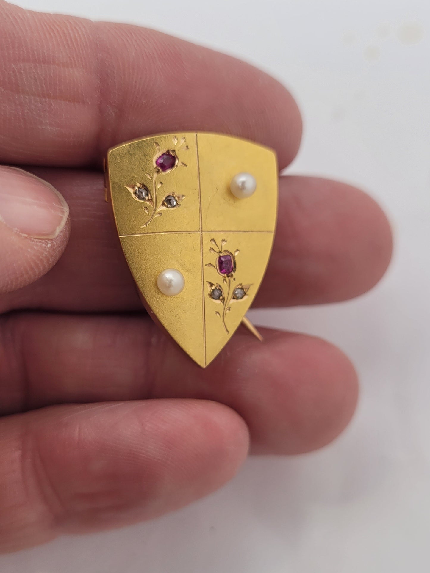 Antique gold ruby and pearl shield brooch sku 8708
