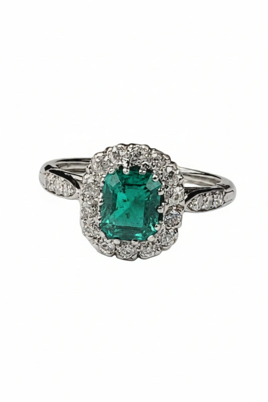 Fine Antique Emerald and diamond cluster ring sku 9088
