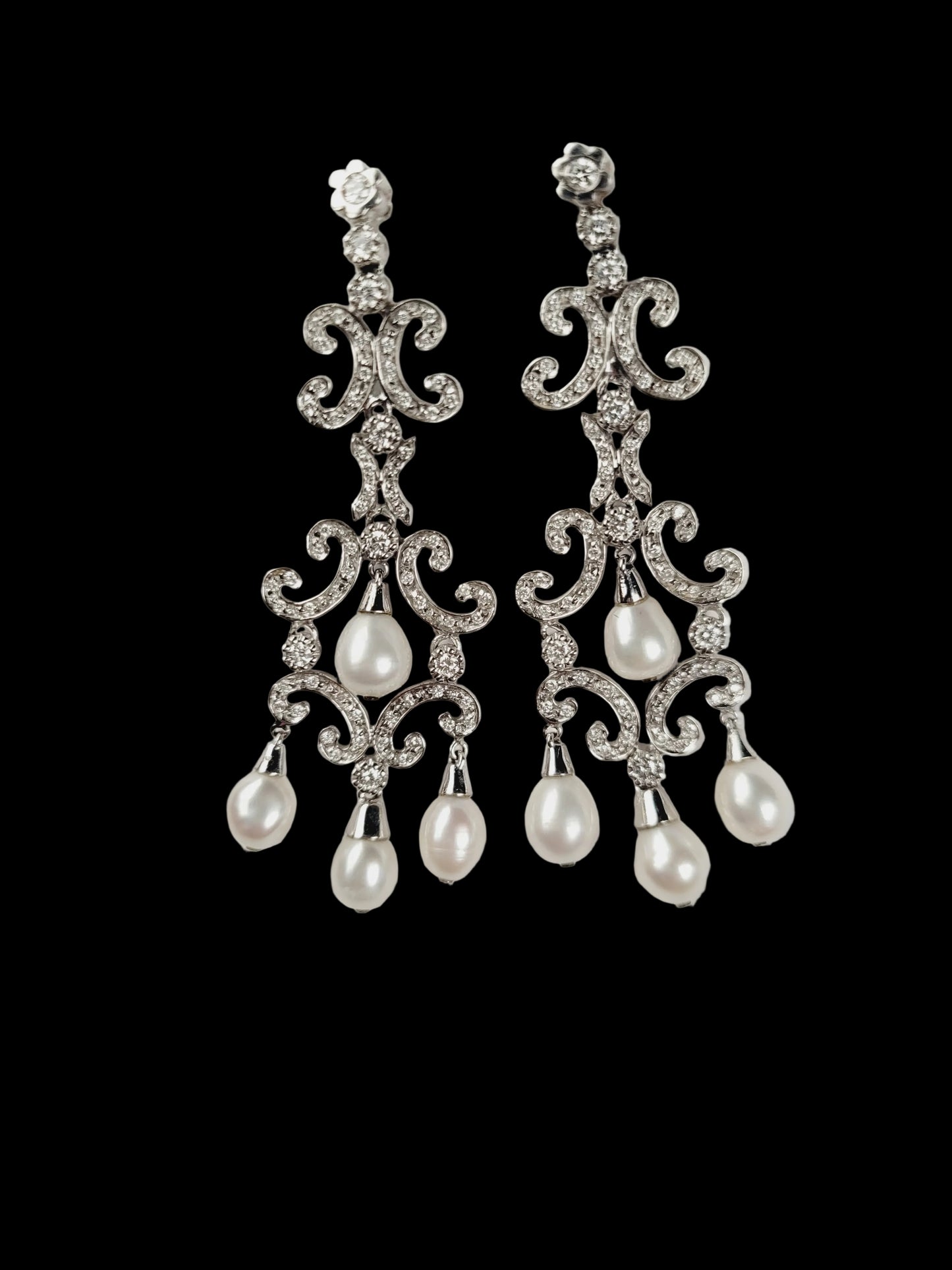 Fancy pearl and diamond drop earrings sku 8726