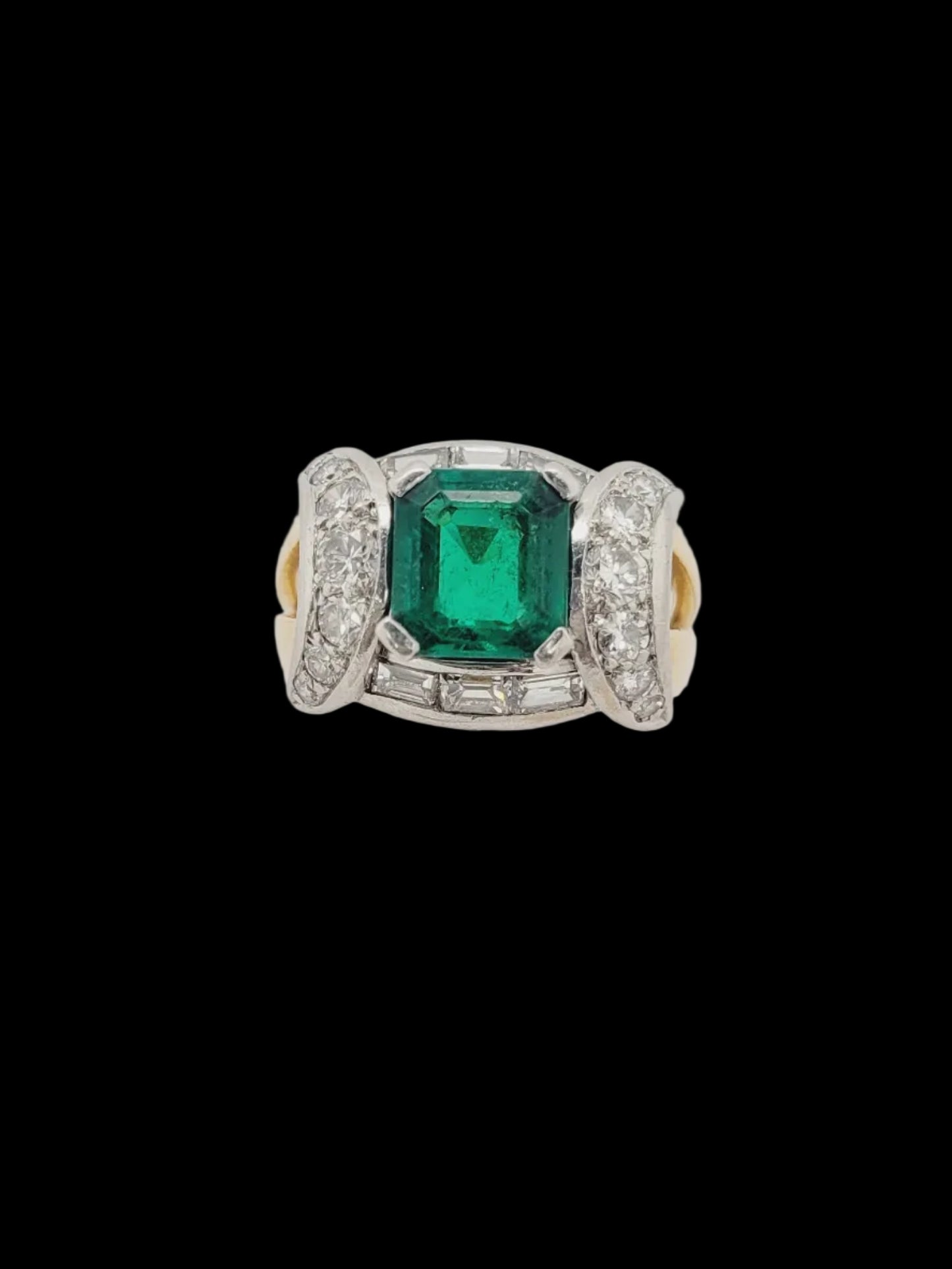 Art deco Columbian emerald and diamond tank ring sku 8742