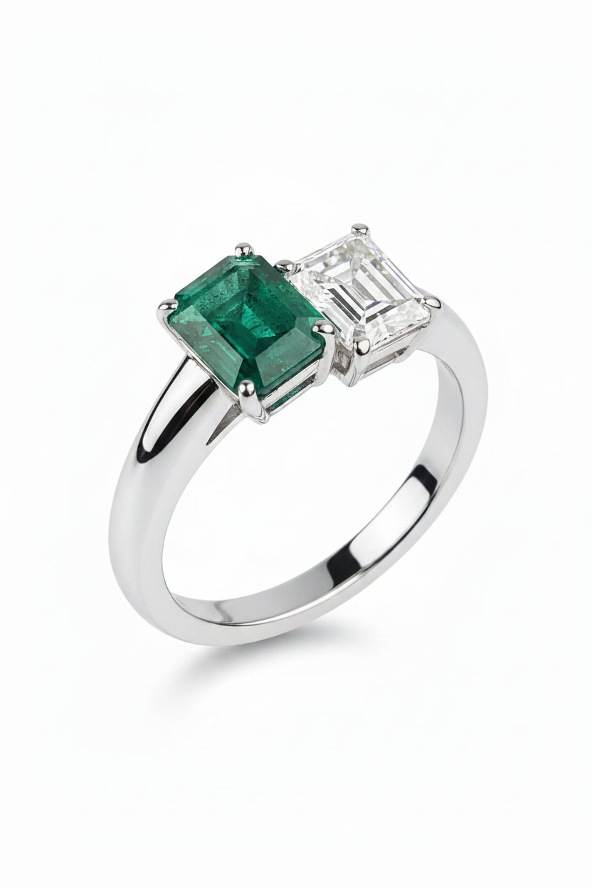 Emerald and diamond toi et moi engagement ring sku 9159