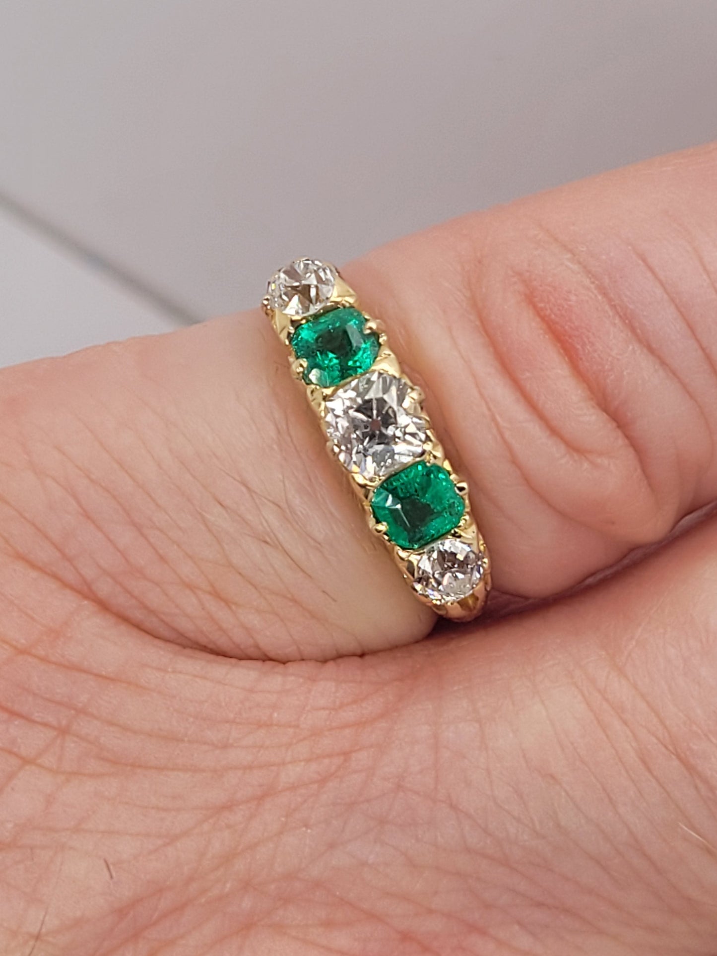 Antique emerald and diamond five stone carved half hoop ring sku 9193