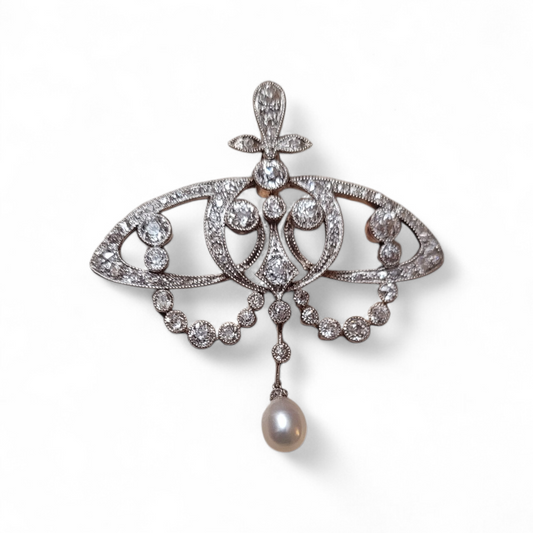 Art nouveau diamond and natural pearl pendant/brooch sku 8907