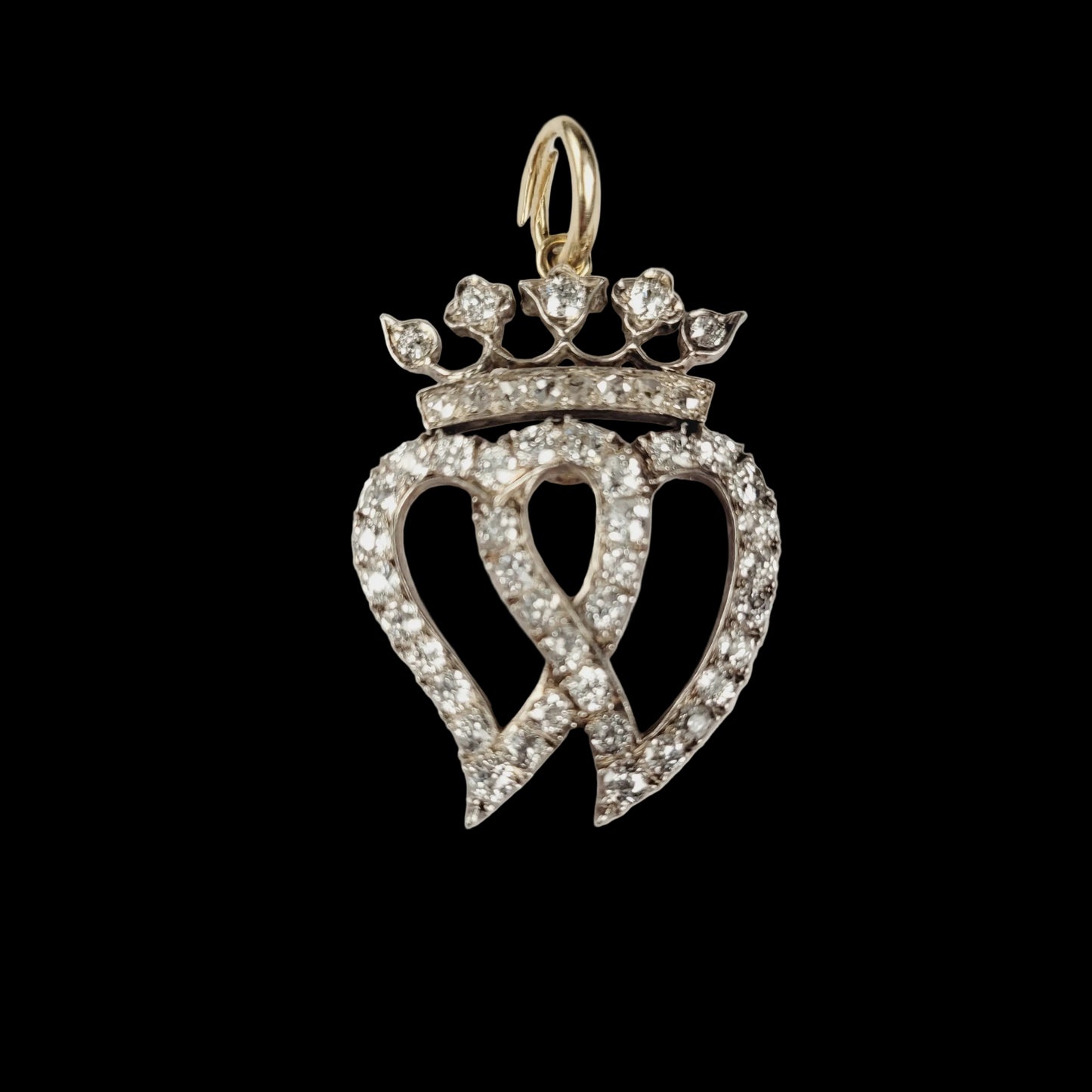 Victorian twin heart and crown old mine cut diamond pendant sku 8841