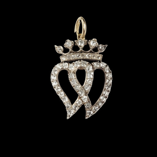 Victorian twin heart and crown old mine cut diamond pendant sku 8841