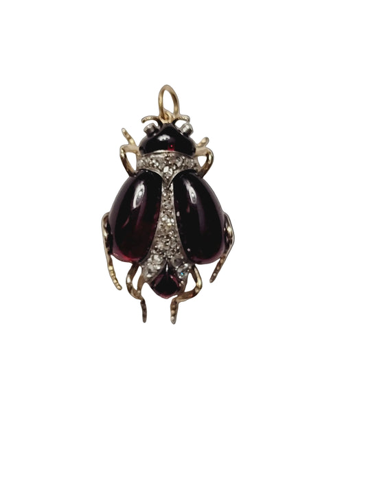 Super rare cabochon garnet and diamond 19th century bug pendant sku 8877