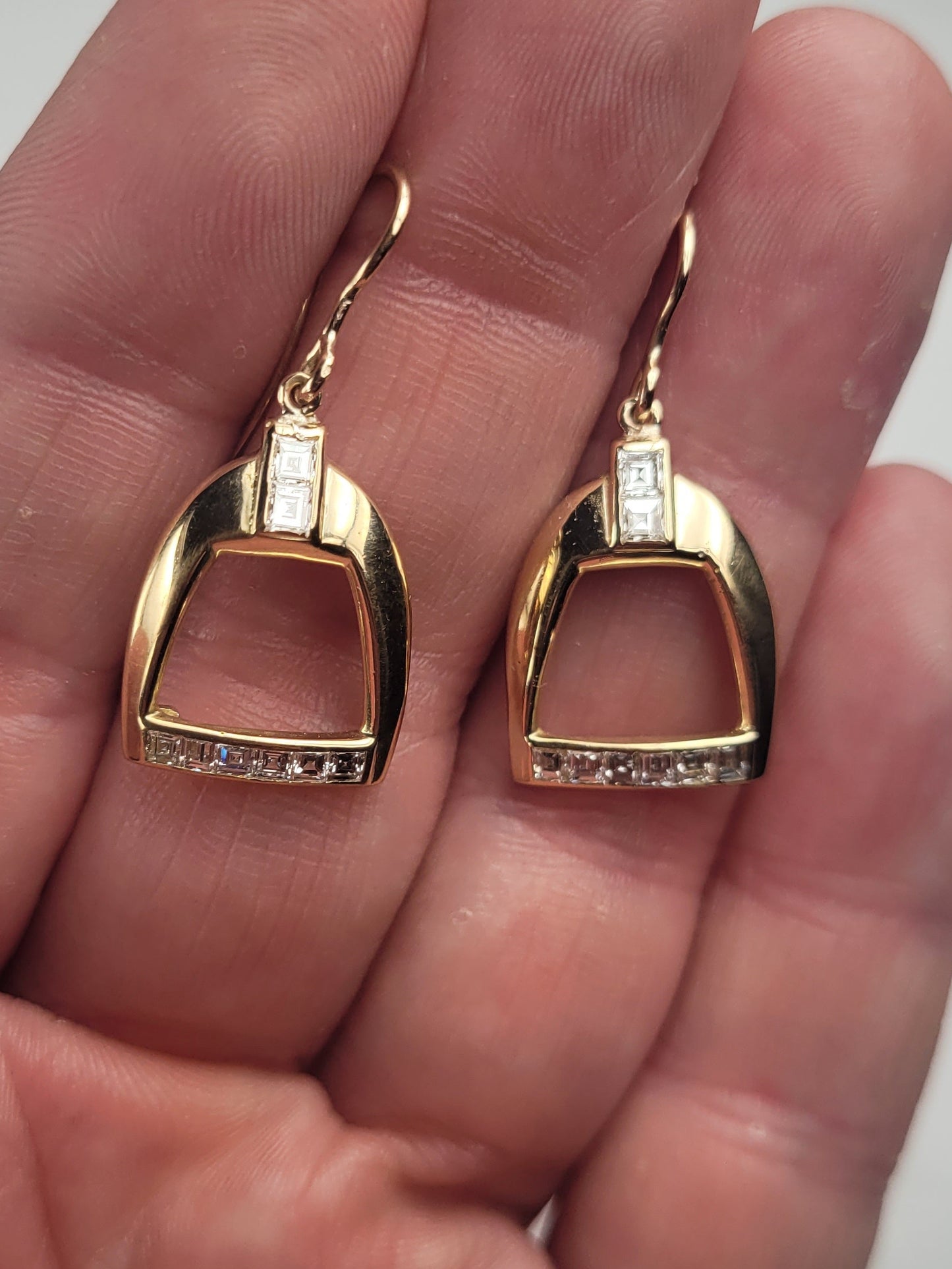 Pair of 18ct yellow gold and square cut diamond stirrup earrings sku 8986
