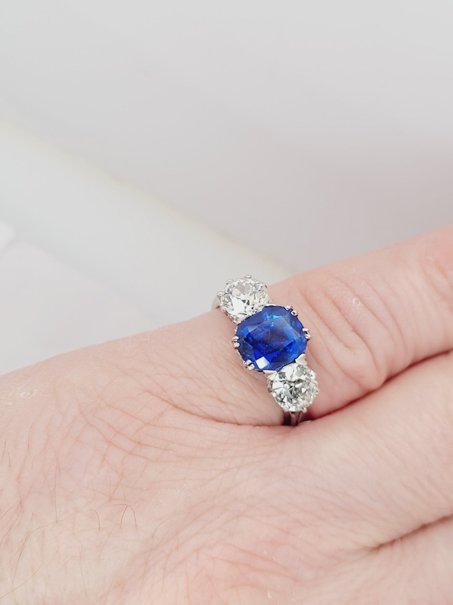 3.57ct Natural Burmese sapphire and diamond trilogy engagement ring sku 8738