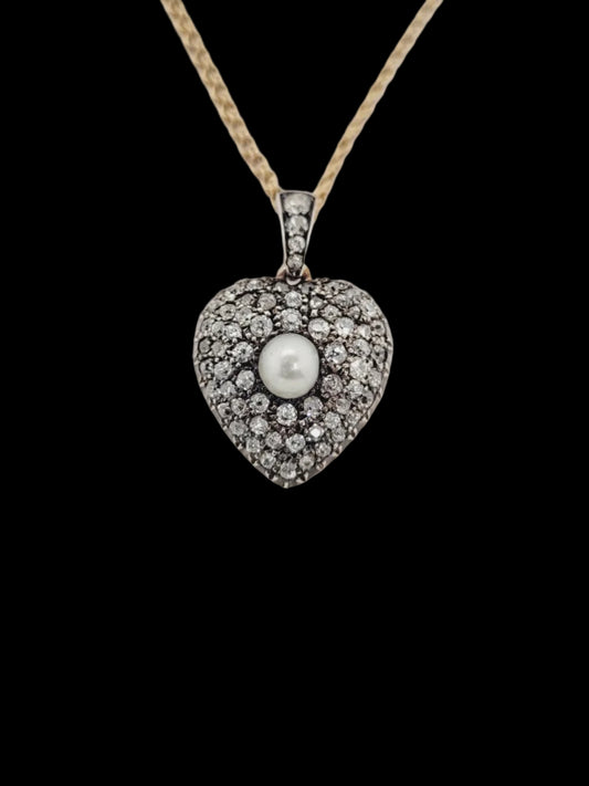 Antique pearl and diamond heart locket pendant with chain sku 8821