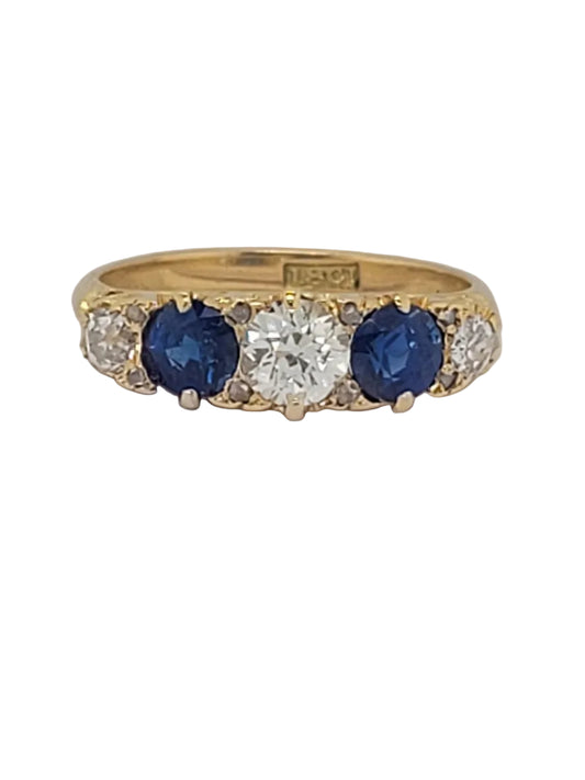 Antique sapphire and diamond five stone carved half hoop ring sku 9082